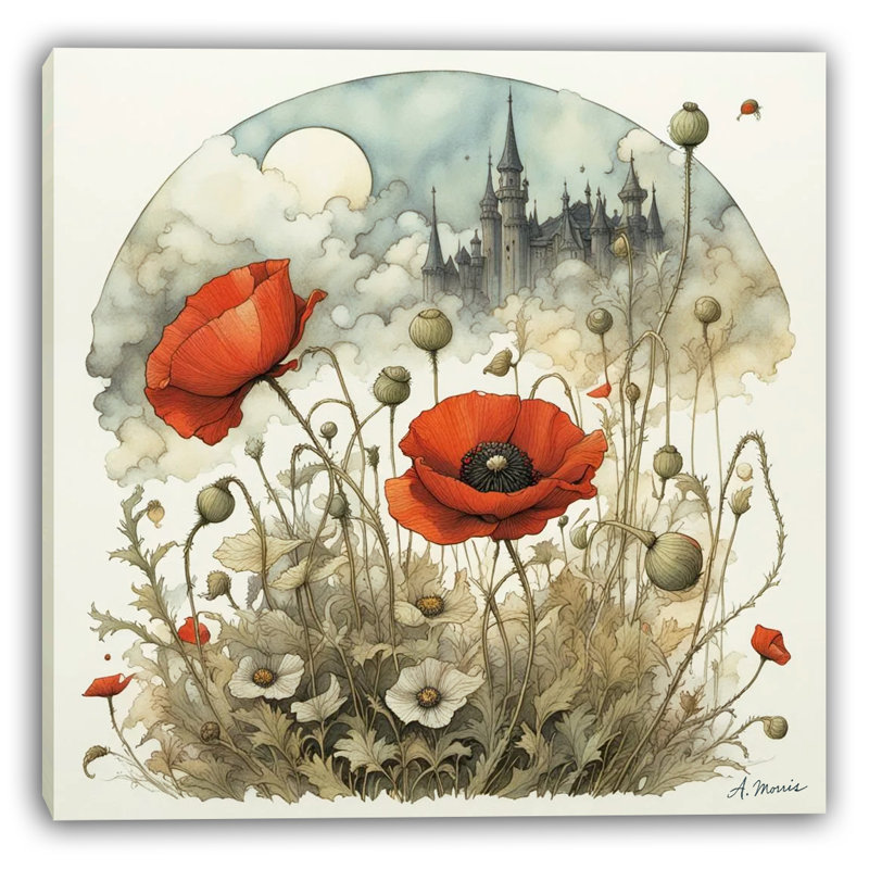 «Whimsical Castle Poppies - Red Bloom Fantasy», art sur toile, H 30 po x l 30 po