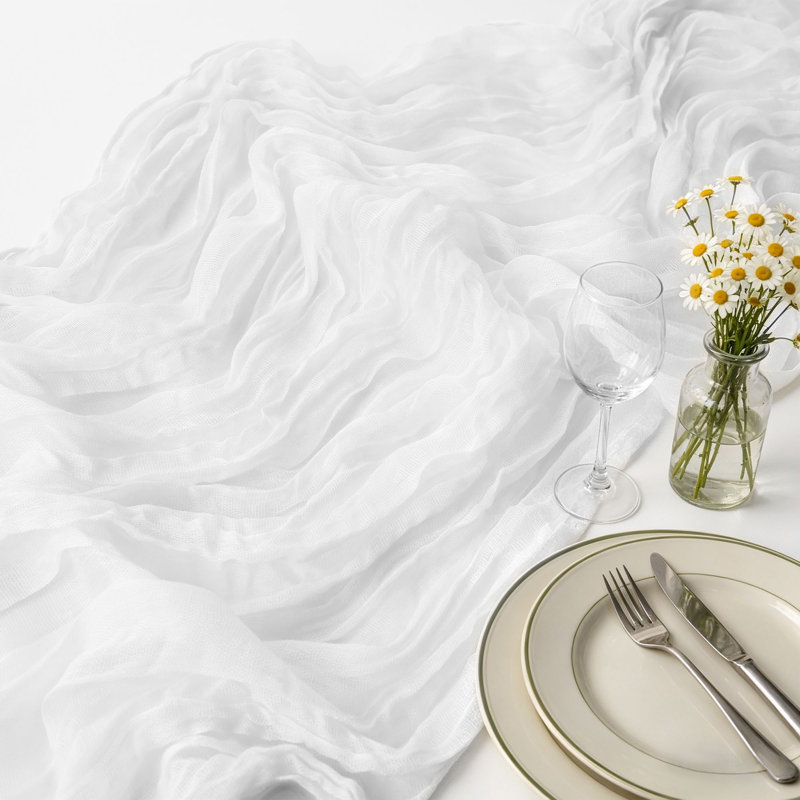 Boho Romantic Cheesecloth Gauze Crinkle Table Runner, Ivory