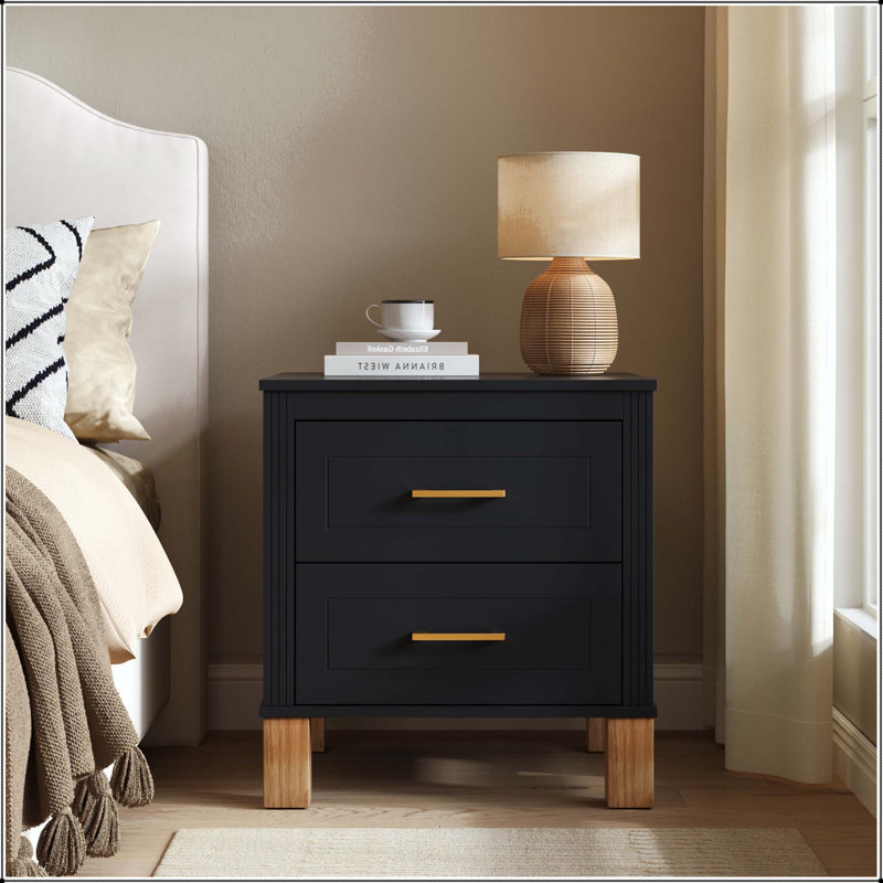 Grande table de chevet 2 tiroirs avec panneaux latéraux cannelés et pieds en bois massif, Black