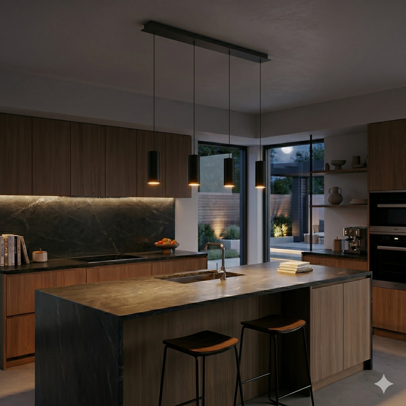 Luminaire suspendu linéaire à 4 lumières pour îlot de cuisine Bludovice, Noir
