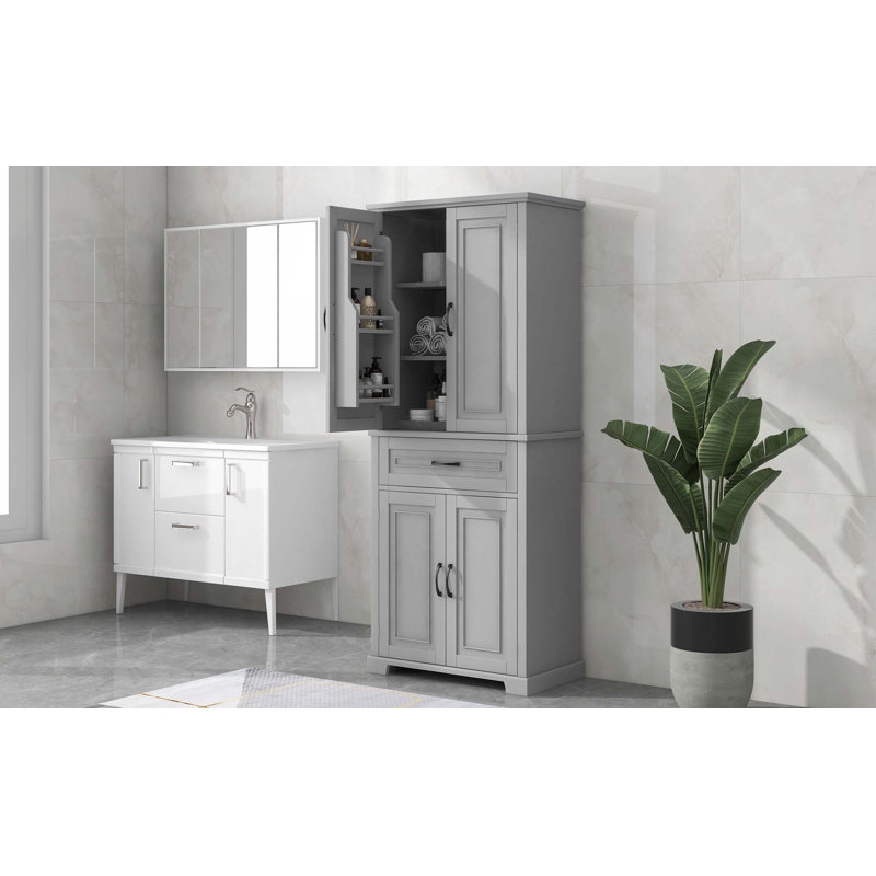 Armoire de rangement de salle de bain avec portes et tiroir, plusieurs espaces de rangement, tablette réglable, Gris