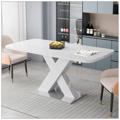 Table de salle à manger moderne carrée, extensible, plateau de table blanc + pied de table en MDF en X avec base en métal