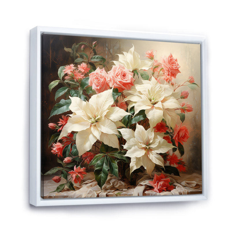 Impression romantique poinsettias, H 24 po x l 24 po x P 1 po, Cadre flottant blanc