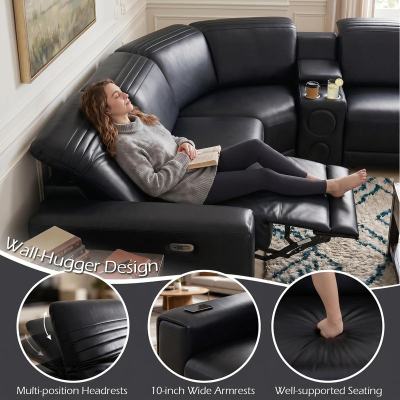 Canapé modulaire inclinable électrique en cuir 6 pièces de 113 po avec appuis-tête réglables, console de rangement, éclairage DEL et haut-parleurs Bluetooth
