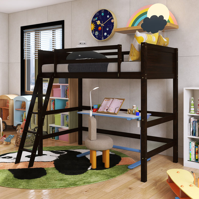 Lit mezzanine simple à cadre en bois avec échelle, Espresso