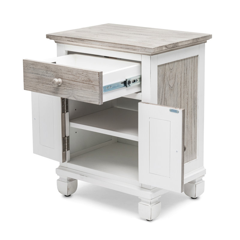 Table de chevet 1 tiroir et 2 portes avec barre d'alimentation USB-A - finition gris pâle et blanc
