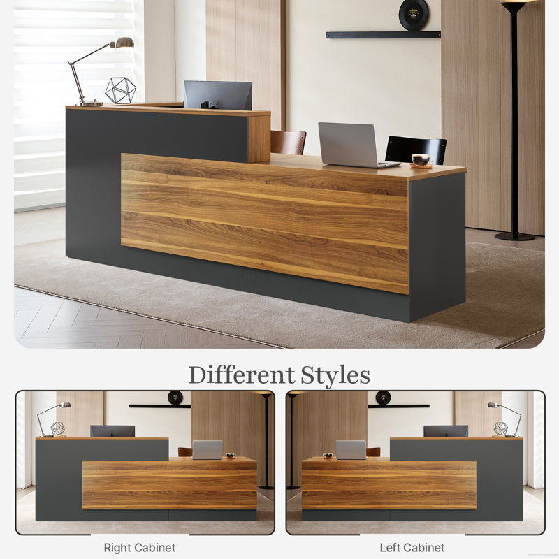 Bureau de réception en L avec comptoir - Bureau de réception avec armoire de rangement, tablettes ouvertes, tiroir verrouillable et plateau à clavier pour le bureau, le hall d'entrée, la caisse