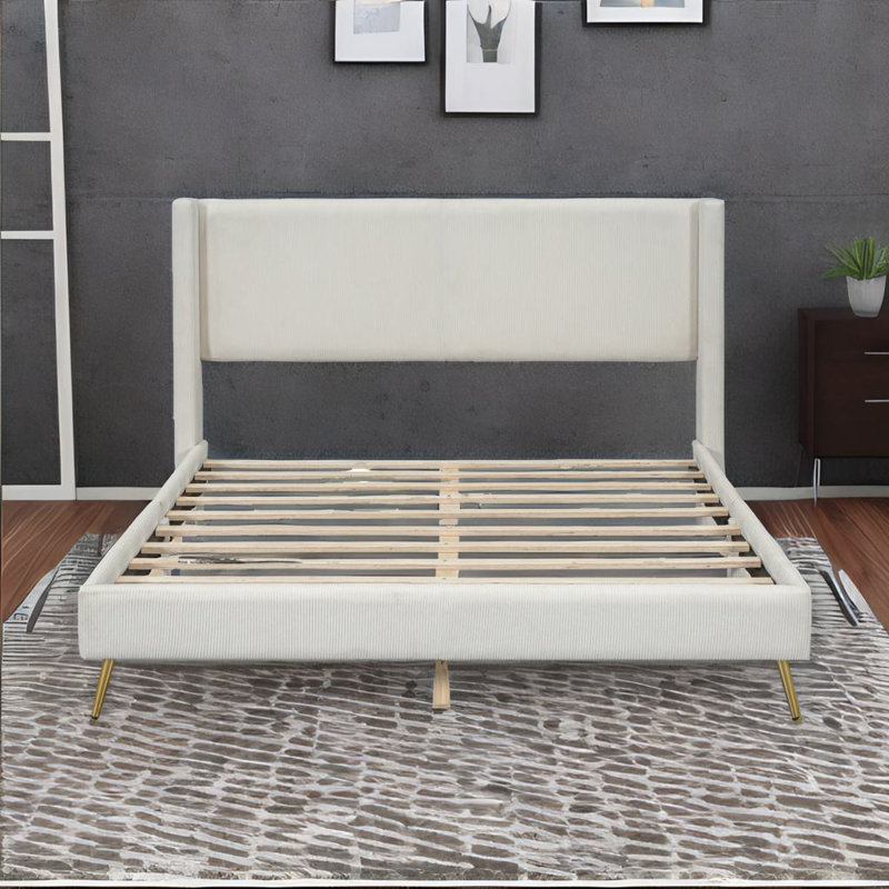 Grand lit plateforme en velours côtelé Andrimont, Beige