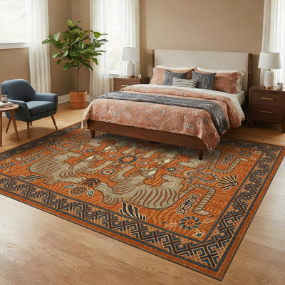 lxt-Washable Tiger Area Rug Boho Blue Vintage Tribal Animal Print Carpet Non-Slip Mark Resistant Modern Decor for Living Room, Bedroom, Office