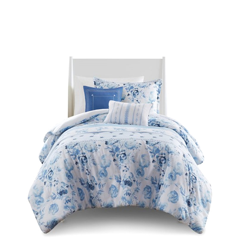 Microfiber Full/Queen Comforter , Attractive Floral Striped Pattern, 2 Shams, Throw Pillows, Bedding Design, Fill,