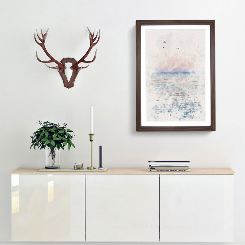 Birds Above The Ocean Watercolour - Picture Frame Graphic Art, Walnut Framed, 45cm H x 33cm W x 2cm D