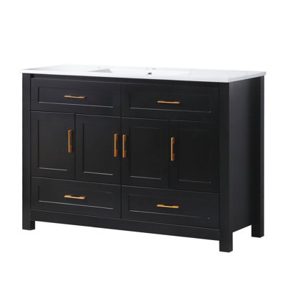 Ensemble d'armoire de salle de bain 48 po avec lavabo en céramique, 4 portes à fermeture lente et 4 tiroirs, noir