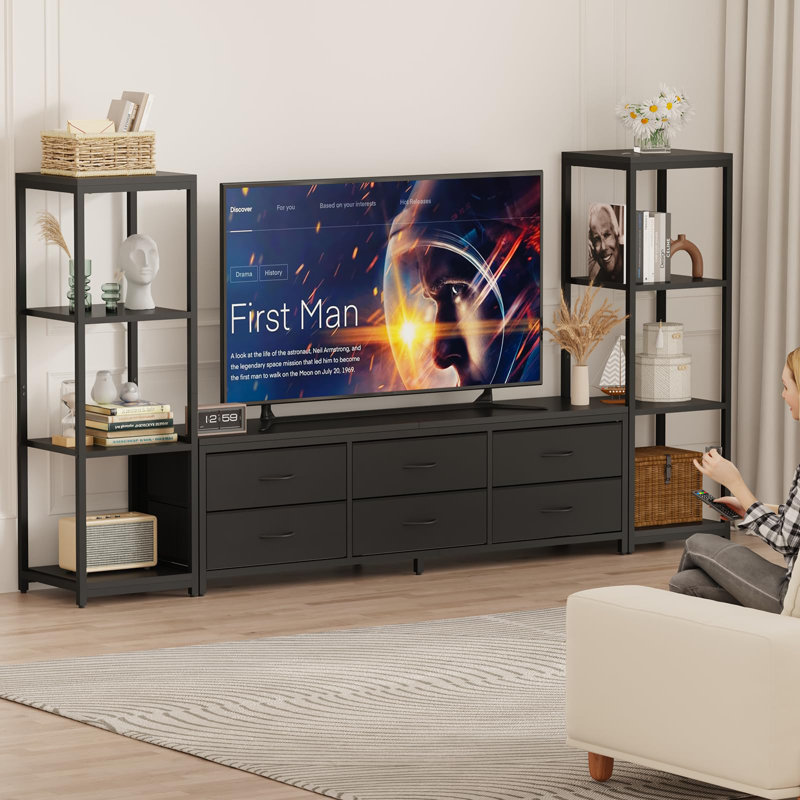 89" TV Stand with 6 Fabric Drawers & 4-Tier Shelves, Modern Entertainment Center for TVs up to 75", Black