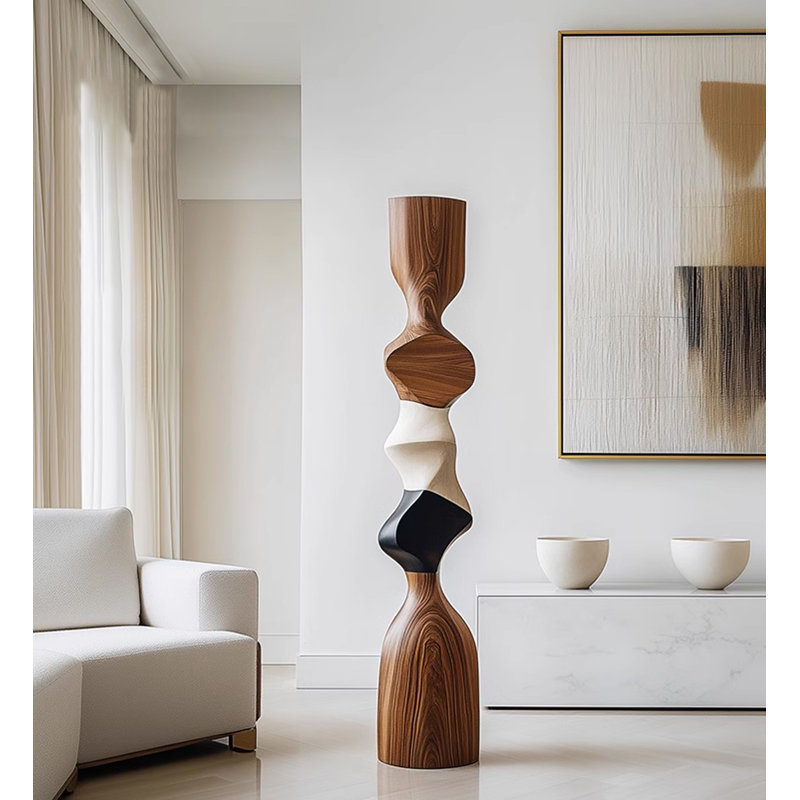 Sculpture abstraite en bois massif, grand ornement décoratif vertical