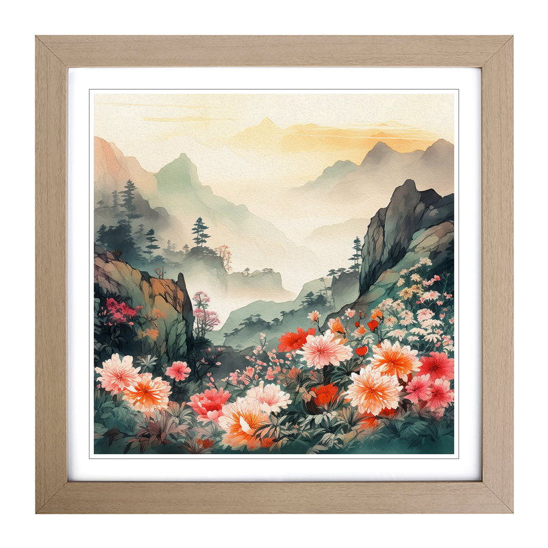 Japanese Mountains Floral No.1 - Single Picture Frame Print, Oak