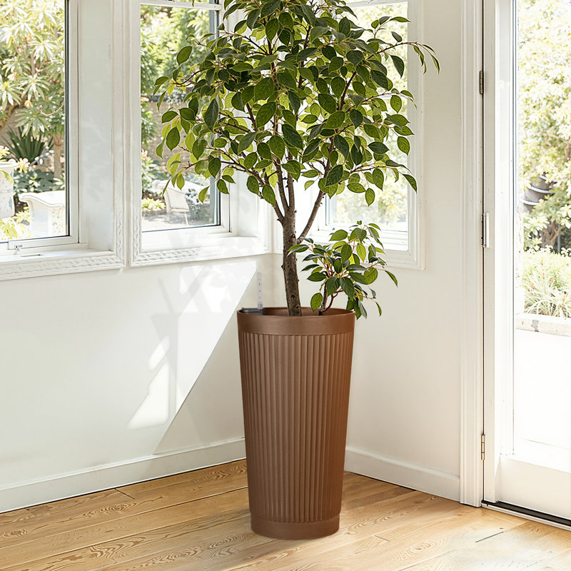 24" H Large Tall Round Planter, Modern Striped Extra Large Plastic Plant Pot for Indoor & Outdoor Plants, Decorative Floor Planter for Patio, Porch & Home Décor