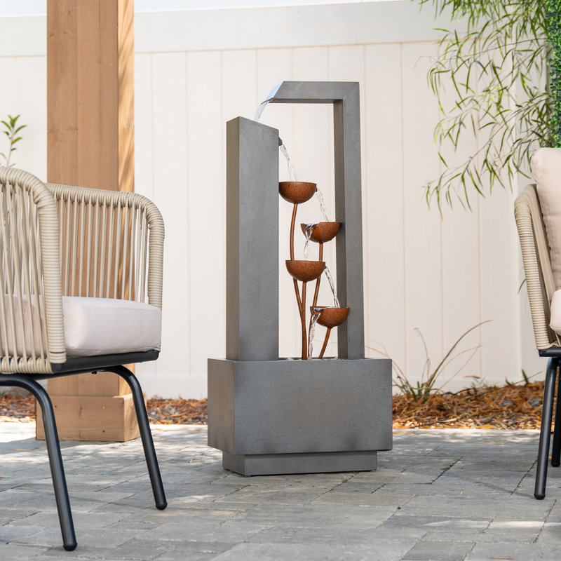 Red Barrel Studio® 38" Tall Metal Sculptural Multi-Tier Flower Water Fountain, Gray and Bronze