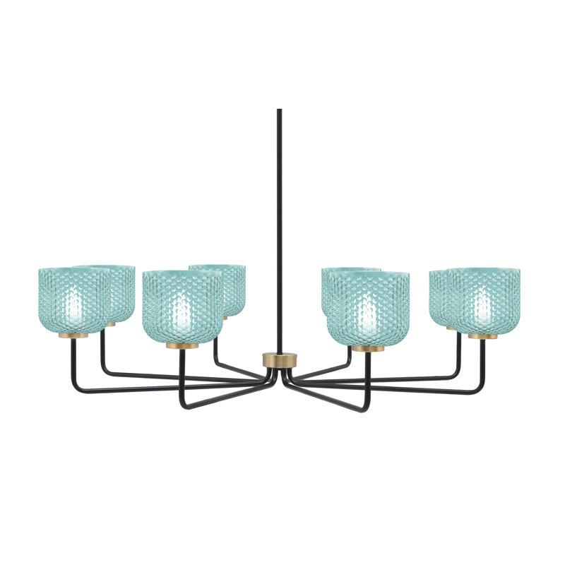 Lustre 8 lumières Amarmula, noir mat et laiton vieilli, verre texturé turquoise 6 po, Sarcelle, Noir/laiton