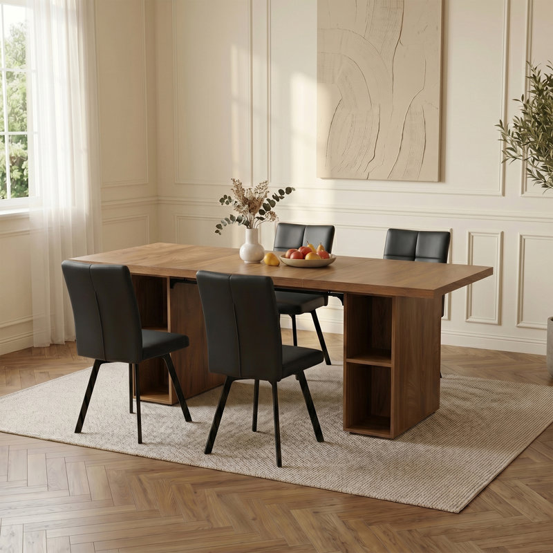 Ensemble de table et de chaises rectangulaires 4 places de style milieu du siècle, 180 cm (70,8 po), en MDF imitation chêne avec étagères de rangement latérales ouvertes.
