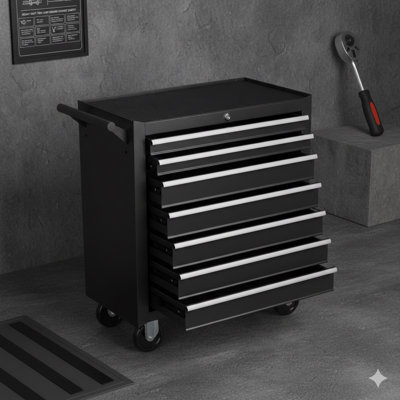 Coffre à outils mobile à 7 tiroirs avec roulettes; Chariot de mécanicien multifonctionnel pour le rangement des outils; Convient aux environnements de garage, d'entrepôt, d'atelier et de réparation