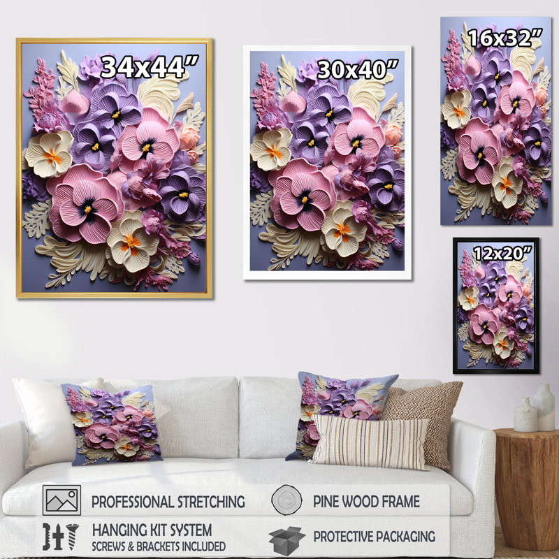 Pensées à l'aiguille - rose et mauve, Cadre simple blanc, H 32 po x l 24 po x P 1 po