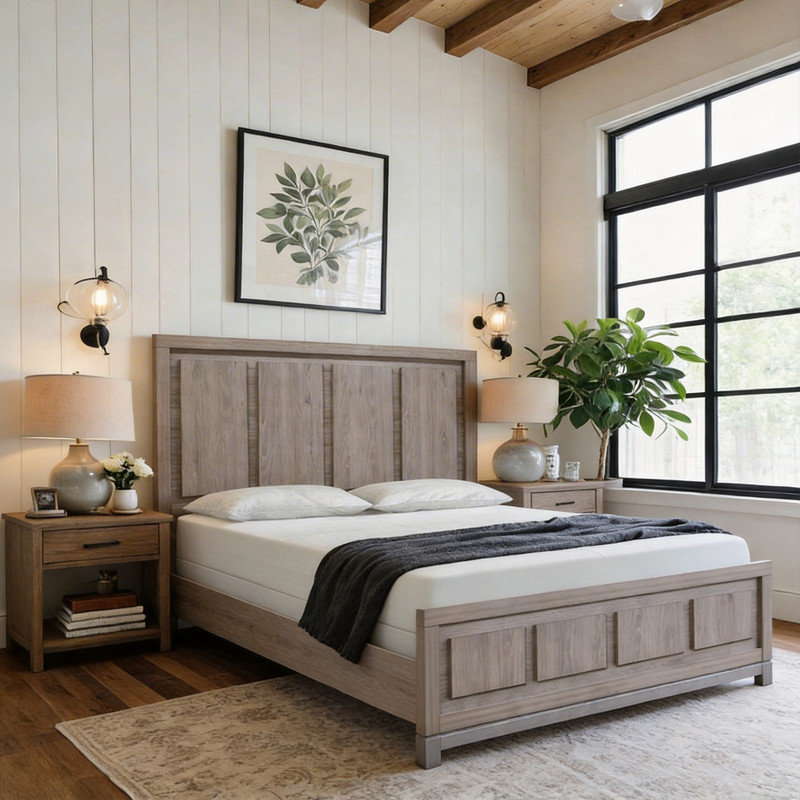 Wood Platform Bed Frame with Panel Headboard, Durable Construction, Grey Oak Finish, Queen