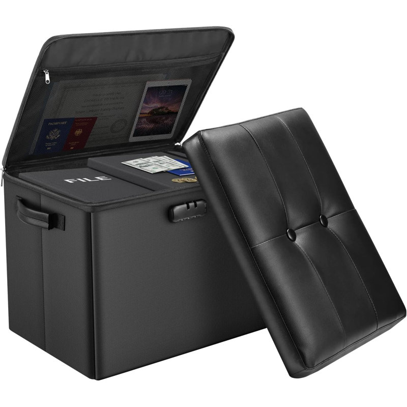 Black Fireproof PVC Leather Storage Ottoman with Lock