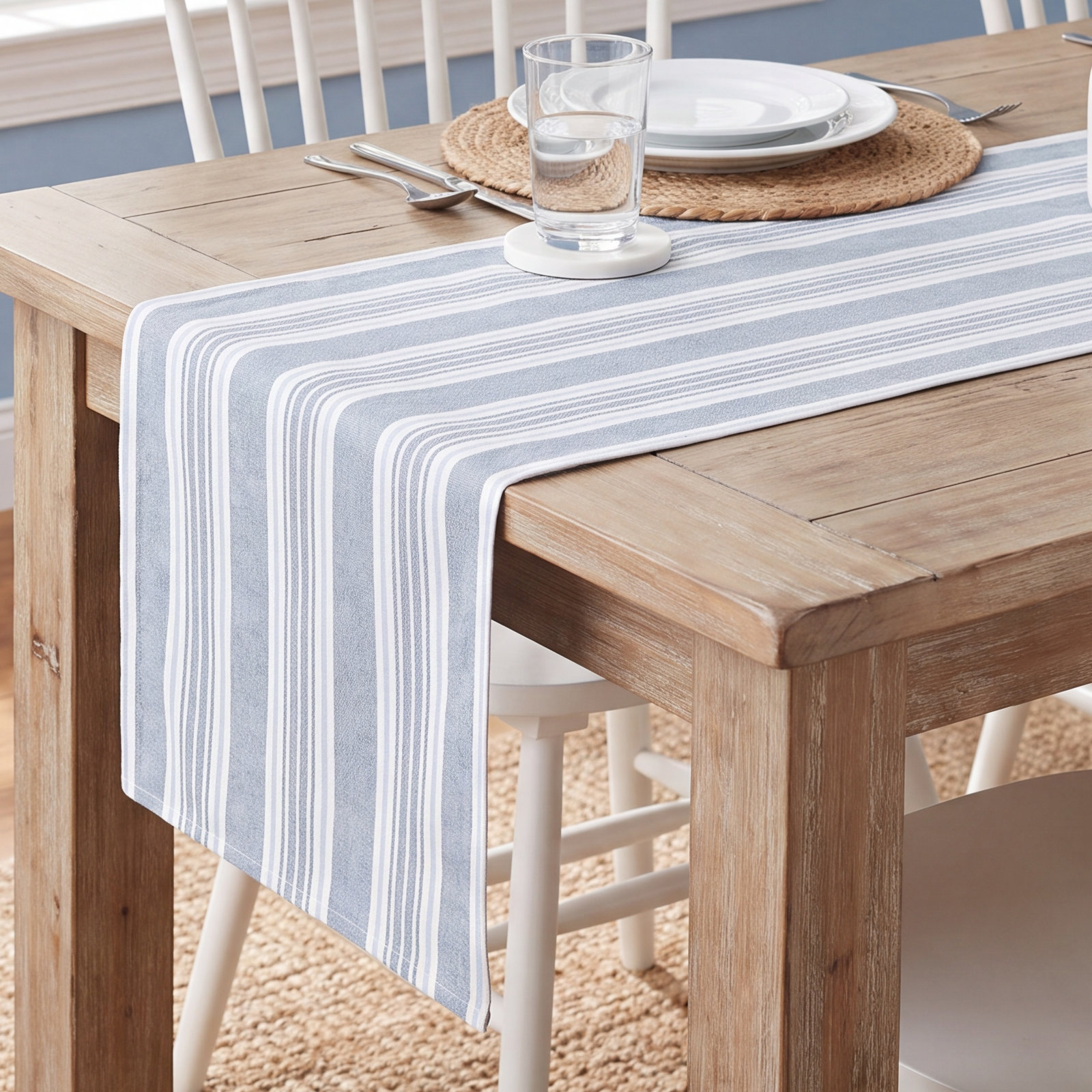 Woven Striped Striped Table Runnner, Blue/White, 18" W x 108" L