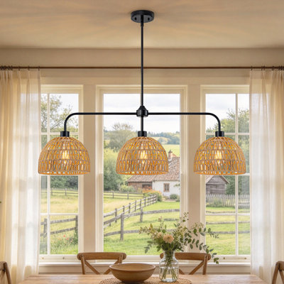 Luminaire suspendu linéaire pour îlot de cuisine 3 lumières avec abat-jour en rotin tissé à la main