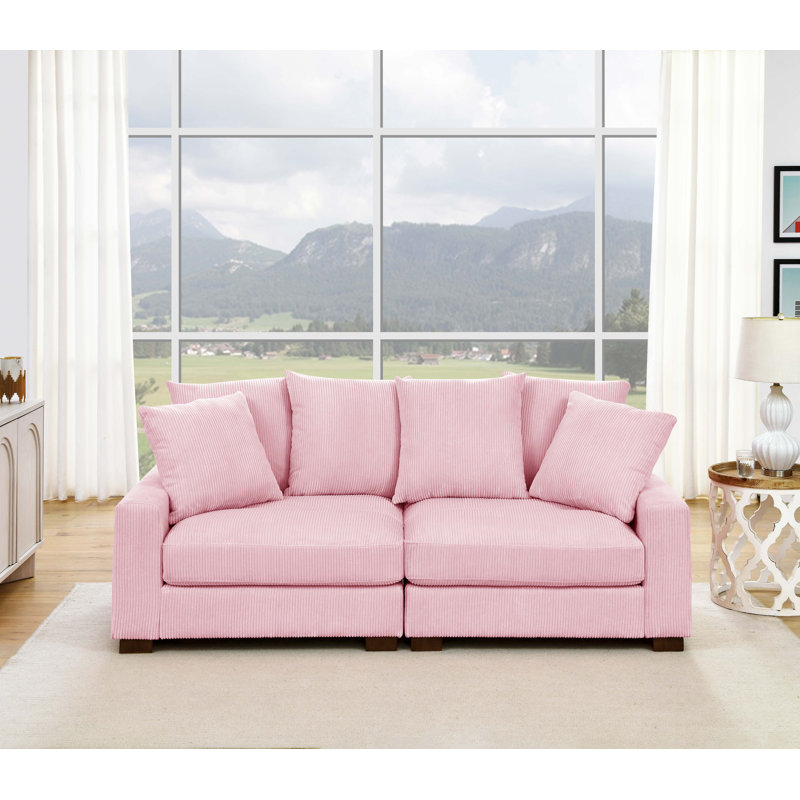 86" Upholstered Corduroy Sofa With Solid Wood Legs, Pink