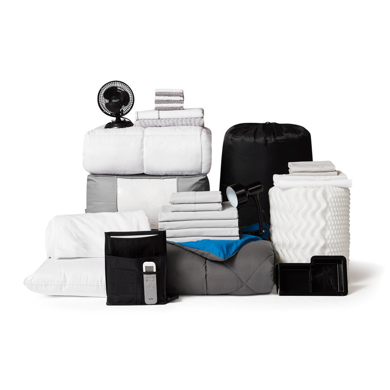 Fully-Loaded - Twin XL Dorm Bedding + College Student Essentials Package, Gray/Blue