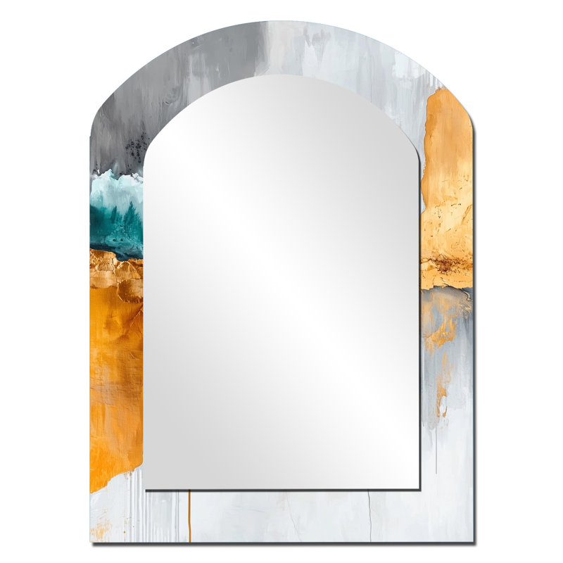 Contraste d'harmonie de marbre gris et doré I - miroir asymétrique transitionnel, miroir mural décoratif en arche dorée, impression d'art en métal