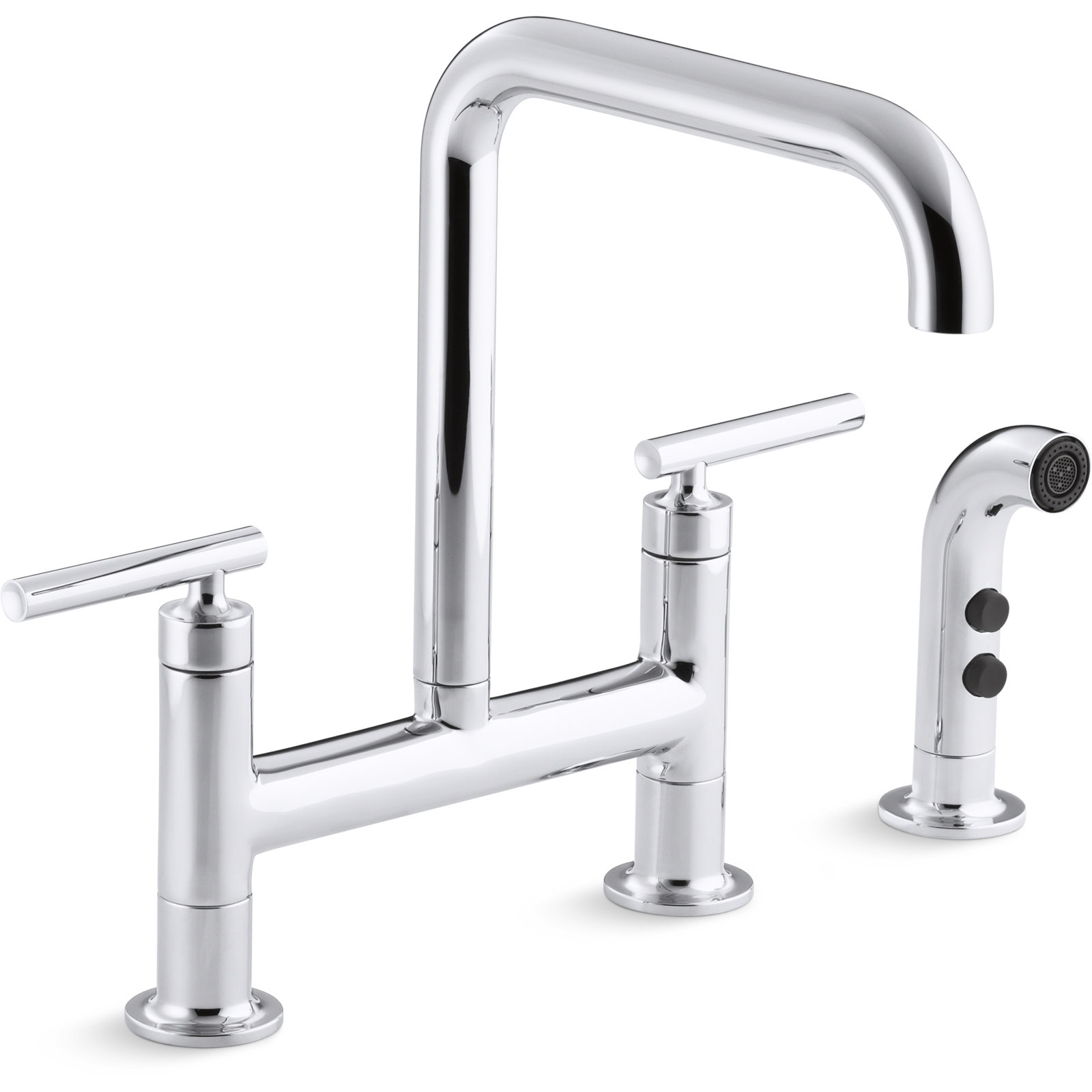 Kohler Purist Two Handle Deck-Mounted Bridge Kitchen Sink Faucet with Pull Out Side Sprayer, Polished Chrome