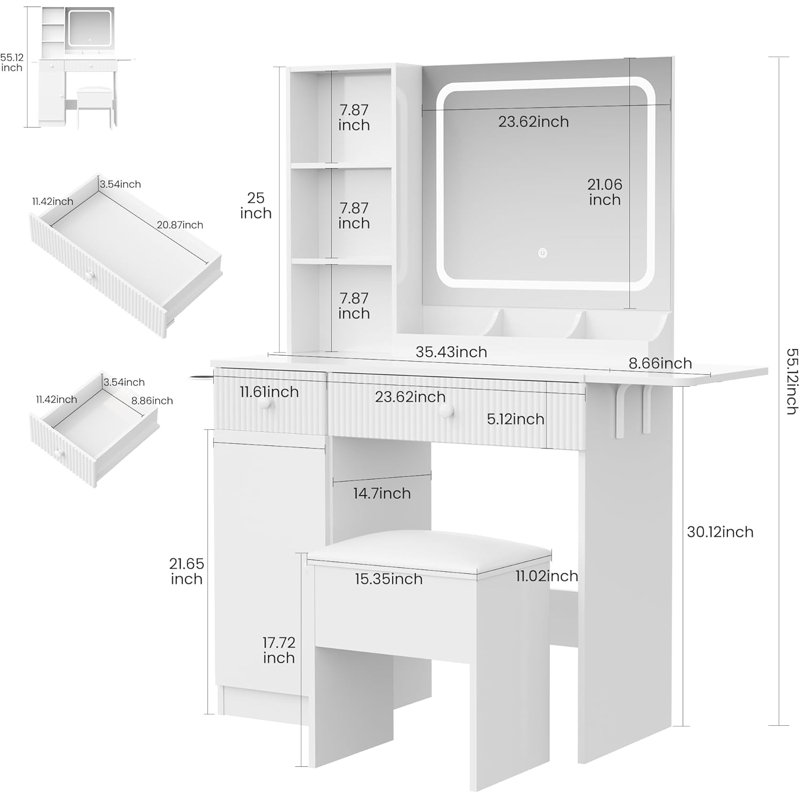 Coiffeuse avec miroir lumineux - Bureau de coiffeuse avec barre d'alimentation / éclairage réglable / tiroirs et tabouret rembourré - Coiffeuse pour chambre à coucher - Blanc