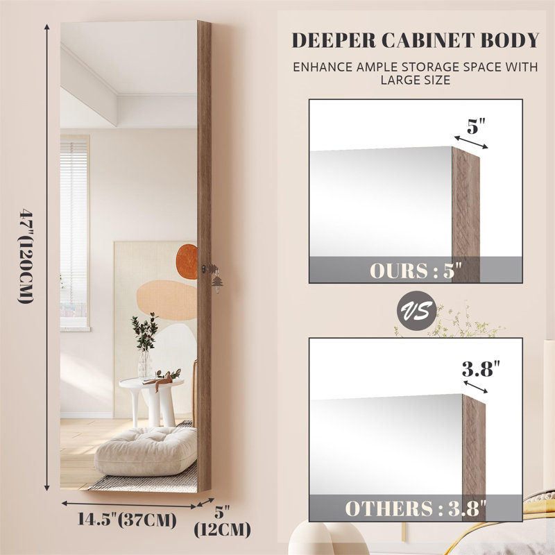 Armoire à bijoux moderne en bois - grand rangement, deux miroirs, fixation murale / porte, Brun