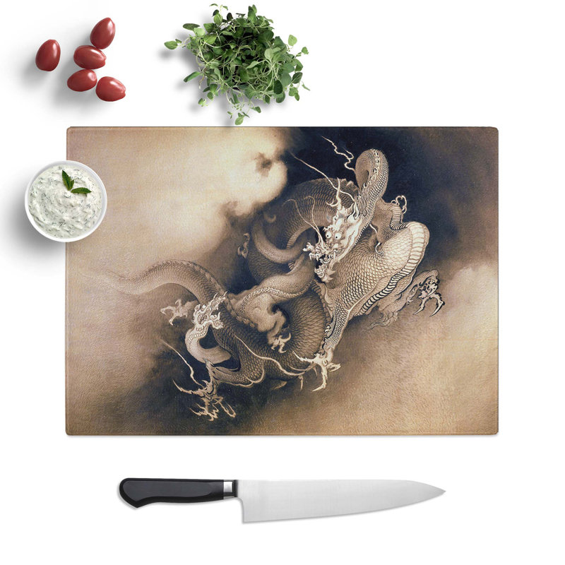 Tempered Glass Two Dragons in the Clouds by Kano Hogai Chopping Board, 28.5 cm W x 20 cm L