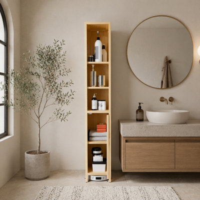 Natural Bamboo Large Capacity Thin and Tall Cabinet for Space-Saving Storage in Bathrooms and Small Rooms