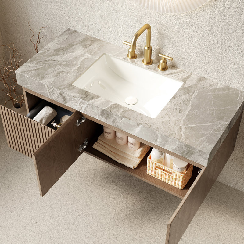 48" Bathroom Vanity Featuring White Sintered Stone Top, Ceramic Basin, Floating Plywood Storage, Drawer And Doors, Pre-Assembled, Look, Stable Structure Finish, Load-Bearing