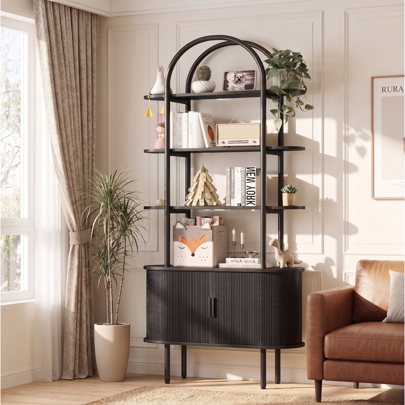 71" Tall Fluted Arched Bookshelf with Sliding Doors, Mid Century Modern Metal Curved Bookshelf Cabinet with Storage and Adjustable Footpad, 4-Tier Open Display Storage Shelf for Home, Living Room
