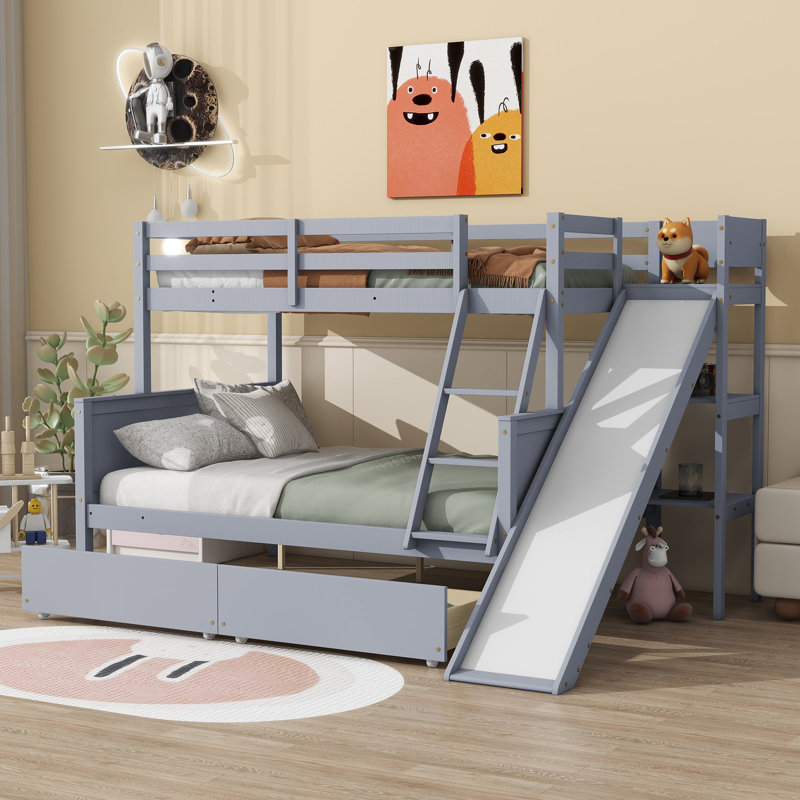 Lit superposé simple au-dessus de double avec 2 tiroirs, glissière, tablettes, échelle, lit superposé en bois d'hévéa avec glissière, tiroirs