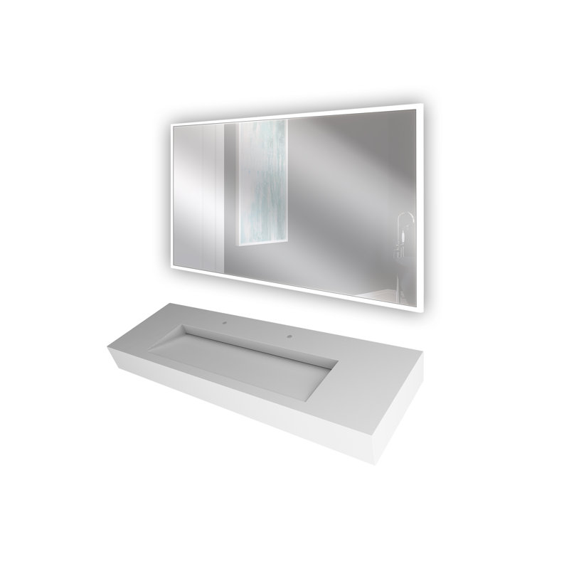 Pyramid 60" Rectangular Solid Surface Wall Mount Bathroom Sink and LED Mirror Combo, White