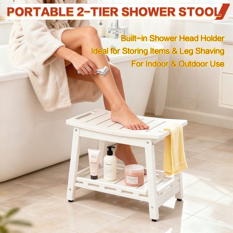 Large Hdpe Shower Bench Seat For Shaving Legs, Waterproof Shower Stool With Storage Shelf For Bathroom, Weather Resistant/non-slip/handles/indoor Or Outdoor Use, White