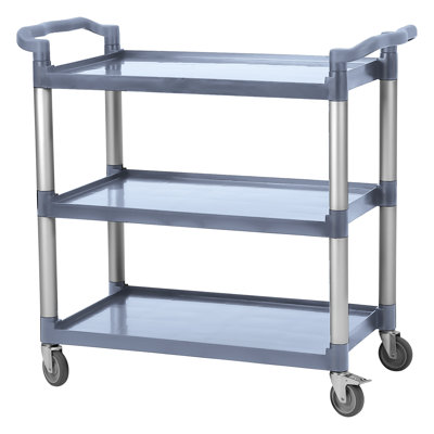 Utility Service Cart 3 Shelf, Rolling Push Cart with Brake Wheel, Plastic Heavy Duty 3-Tier Food Service Cart for Office, Warehouse, Garage, Restaurant, Cleaning, 360lbs Capacity, Gray