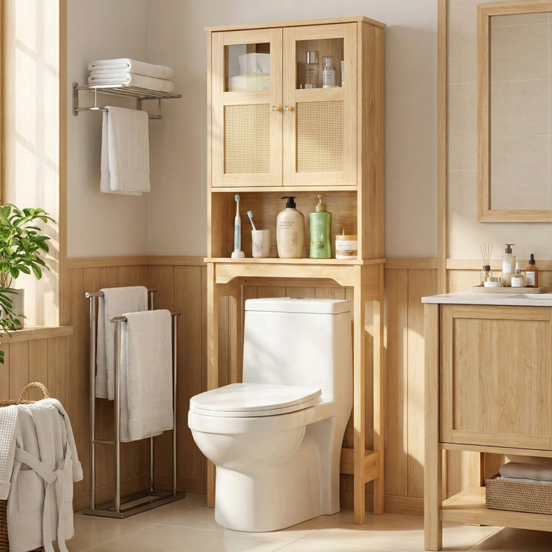 66.93'' Toilet Cabinet In Original Wood With Rattan Surface Double Doors