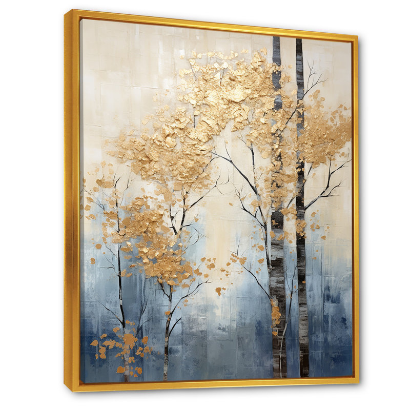 Minimalisme, or et bleu, scène d'arbres II, reproduction d'art sur toile, Cadre flottant doré, H 40 po x l 30 po x P 1,5 po