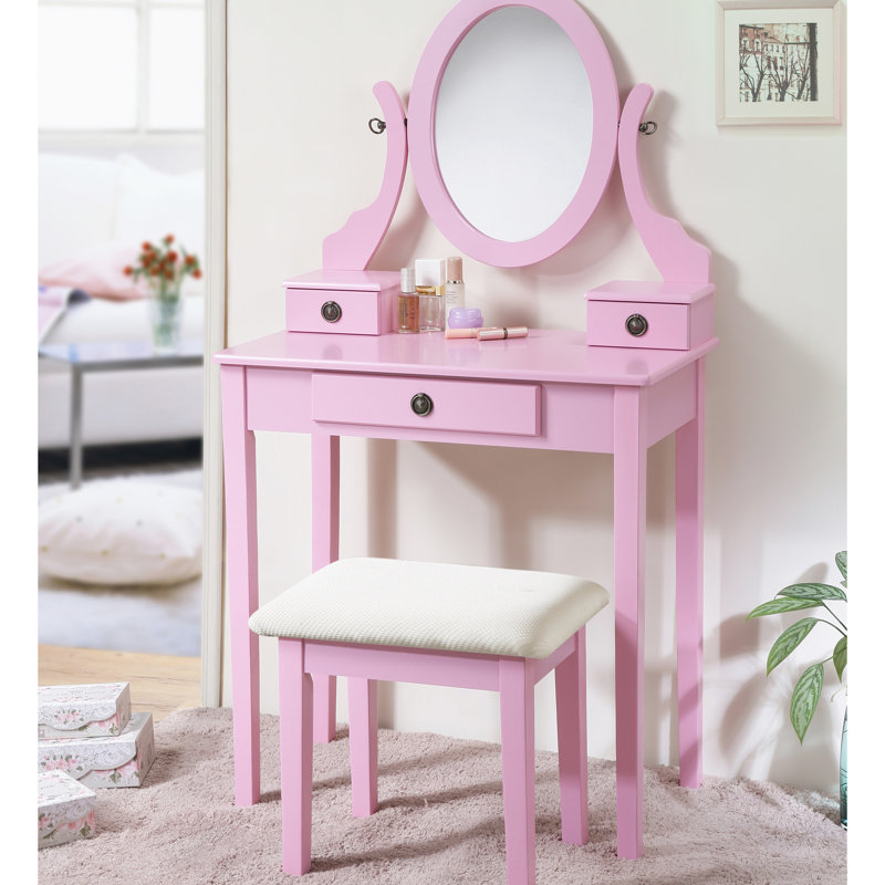 Chic Pink Vanity Desk - 3 Drawer Storage, Adjustable Mirror, Wood Construction And Stool Drawers, Oval Fashionable, Shine