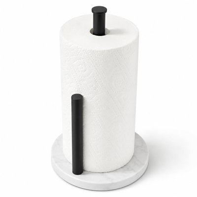 Matte Black Paper Towel Holder for Kitchen Countertop, 304 Stainless Steel Roll Dispenser with White Engineered Marble Weighted Base, Freestanding Paper Towel Stand for Standard Rolls