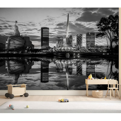 Wall Mural Peel and Stick Wallpaper Winnipeg Skyline lake building Bay Water night white black Self-Adhesive Removable Contact Paper Wall Decor for Living Room Bedroom 69"H x 96"W