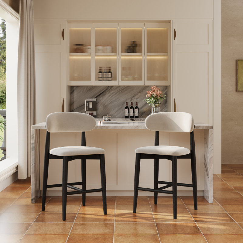 24'' Mid-Century Modern Wood Counter Height Bar Stools Set Of 2, Cotton Linen Counter Stools, Beige Bar Stools, Assembled Bar Stools, Black