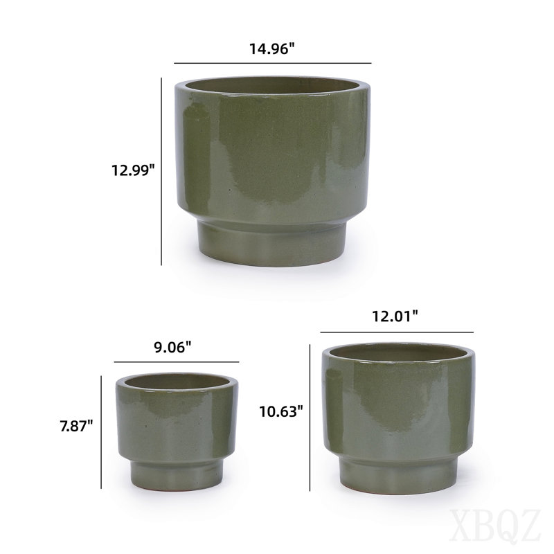 Ensemble de pots à fleurs en céramique émaillée à la main de 3, 15/12/9 po de diamètre, pour plantes grasses et escalier d'intérieur, argile poreuse respirante, vert terreux